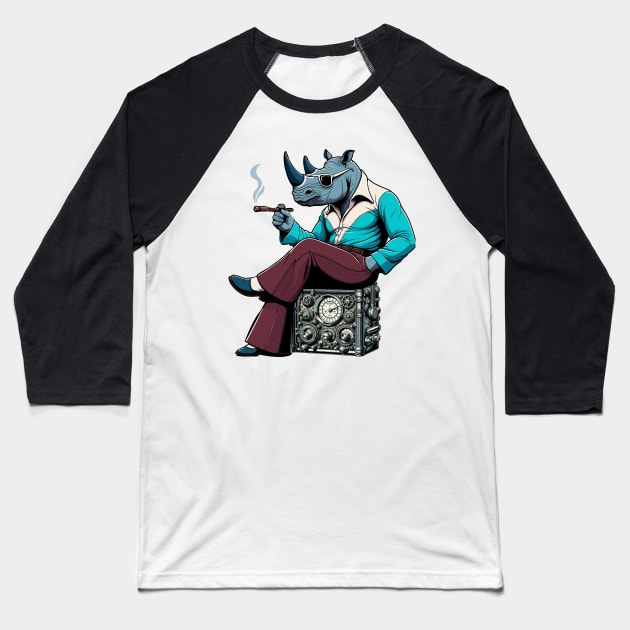 70s rhino Relaxing on steampunk Radio - Unique Digital Art Baseball T-Shirt by TimeWarpWildlife